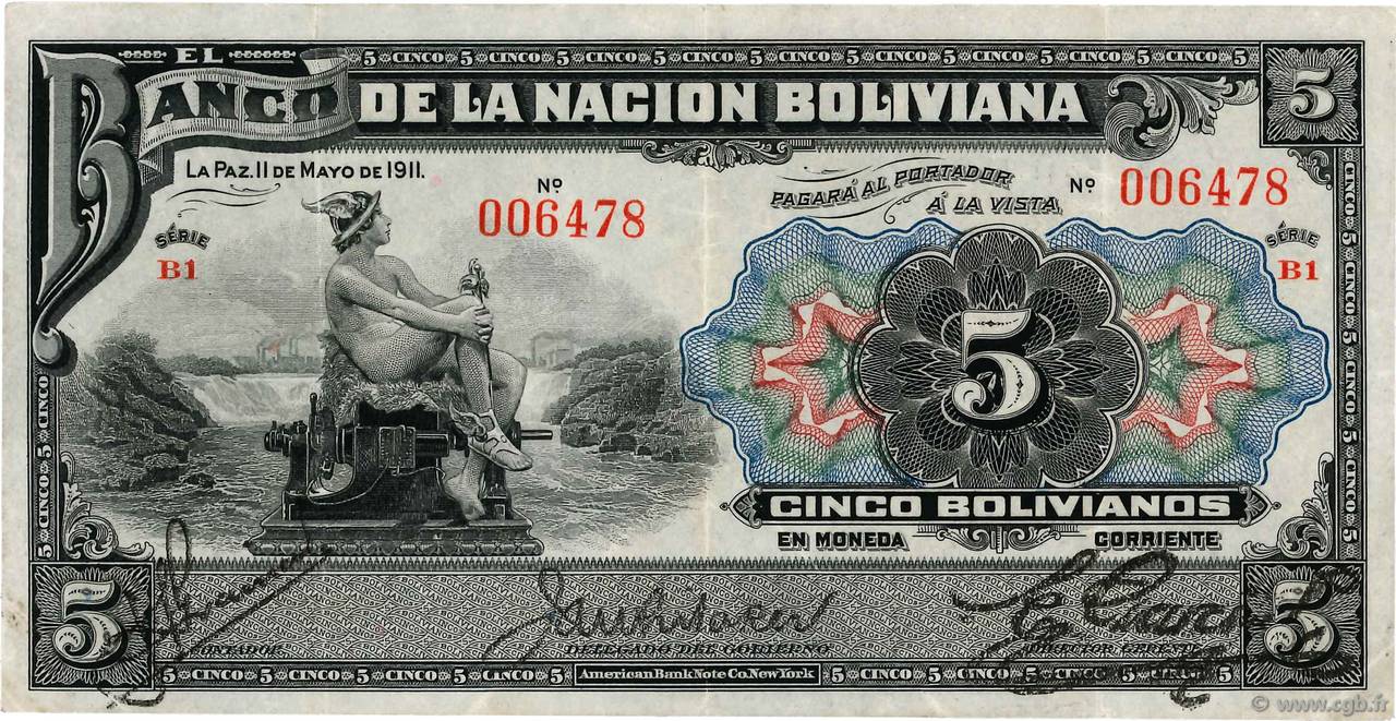 5 Bolivianos BOLIVIA  1911 P.105a MBC+