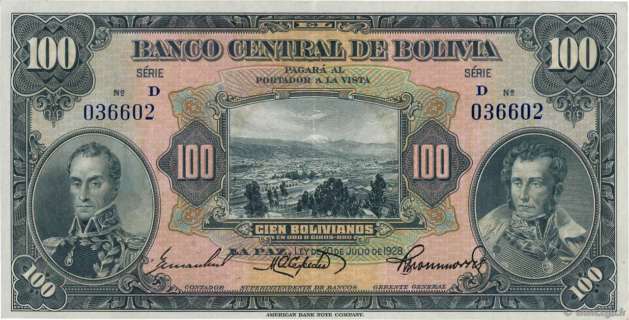 100 Bolivianos BOLIVIEN  1928 P.125 VZ