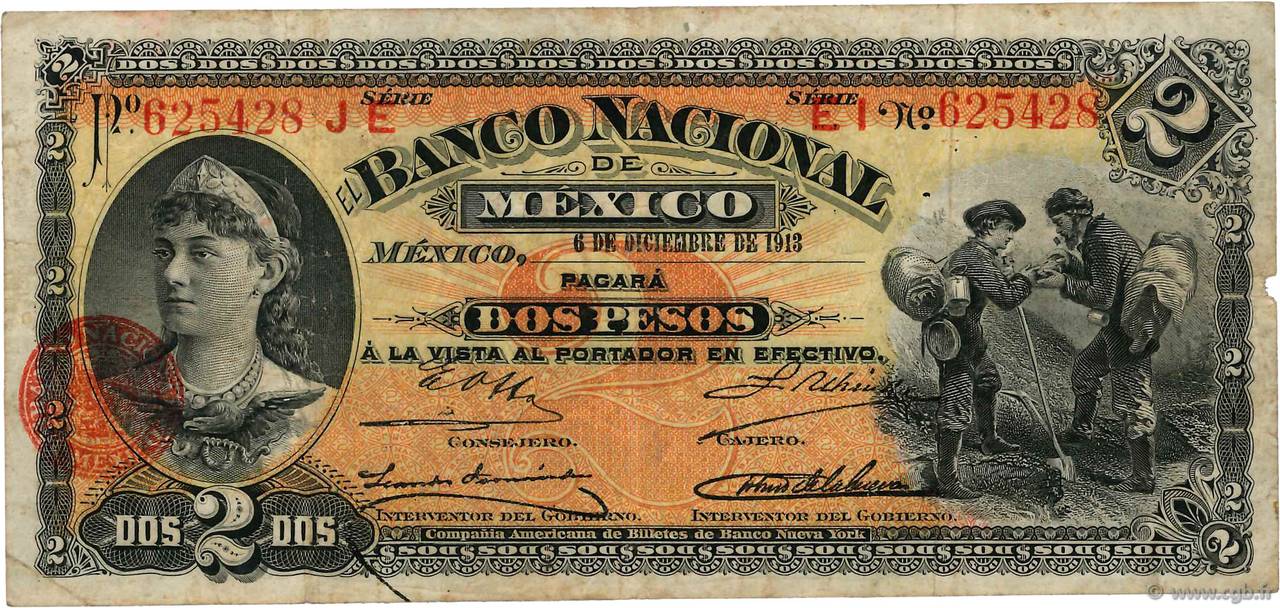 2 Pesos MEXICO  1913 PS.0256a BC