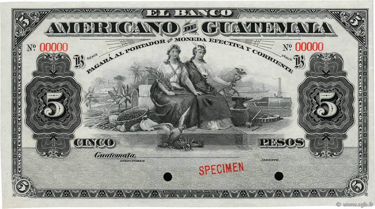 5 Pesos Spécimen GUATEMALA  1919 PS.117s SC+