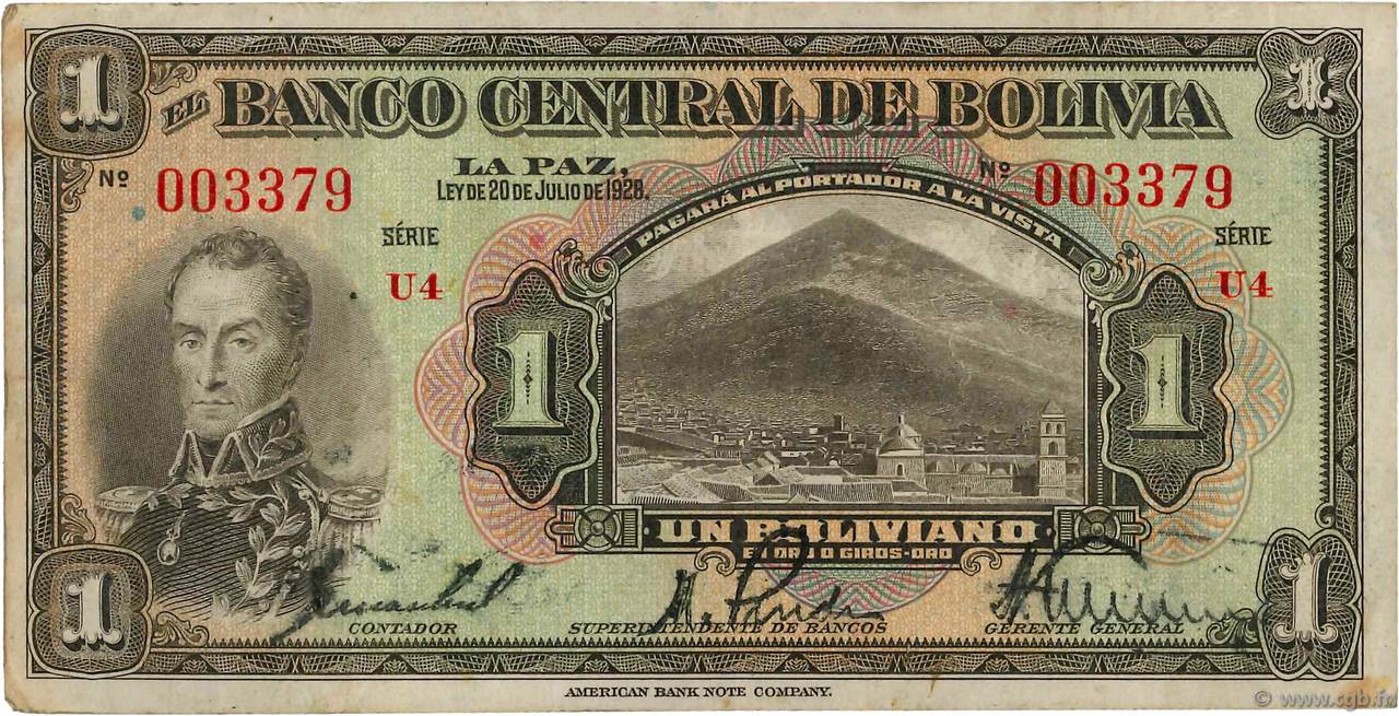 1 Boliviano BOLIVIA  1928 P.118a q.BB