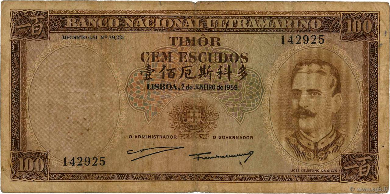 100 Escudos TIMOR  1959 P.24a RC+