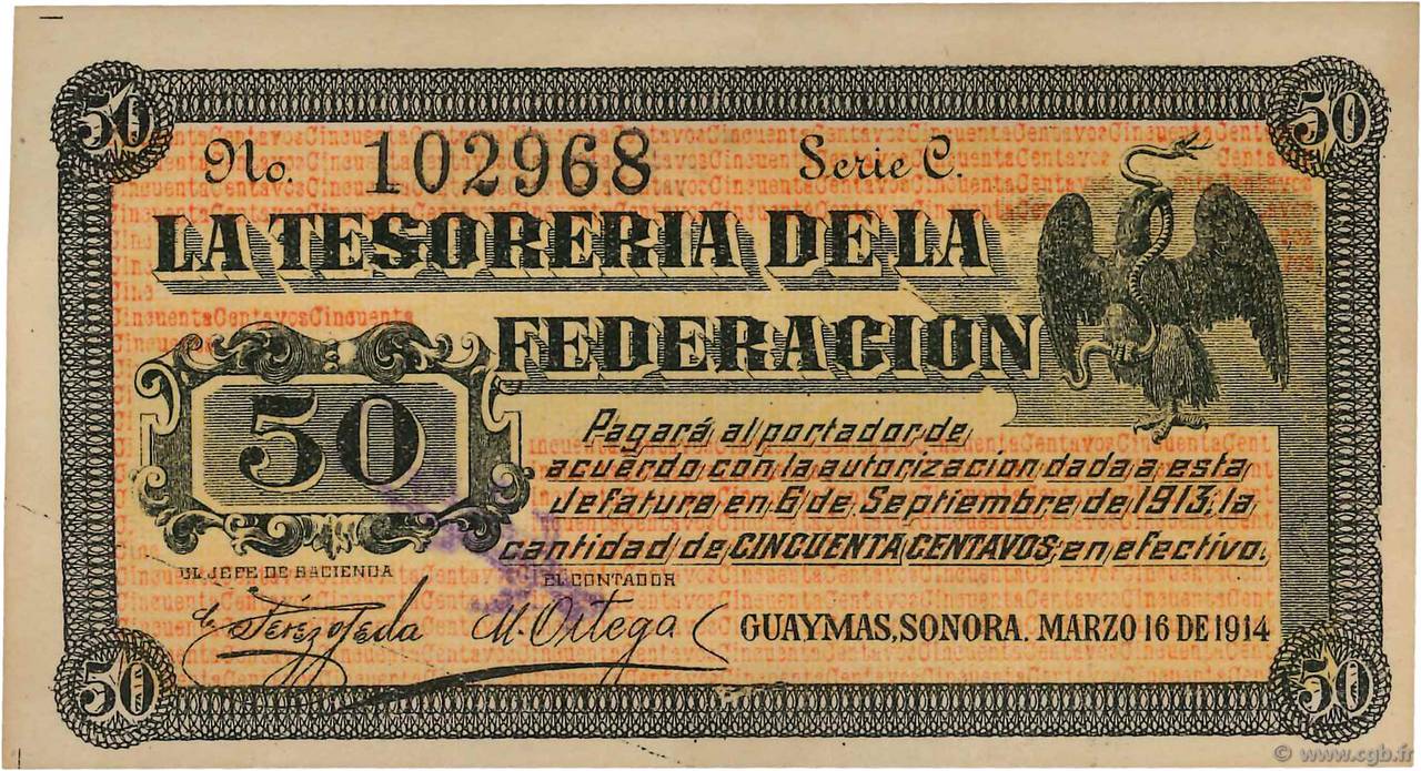 50 Centavos MEXICO Guaymas 1914 PS.1059a XF+