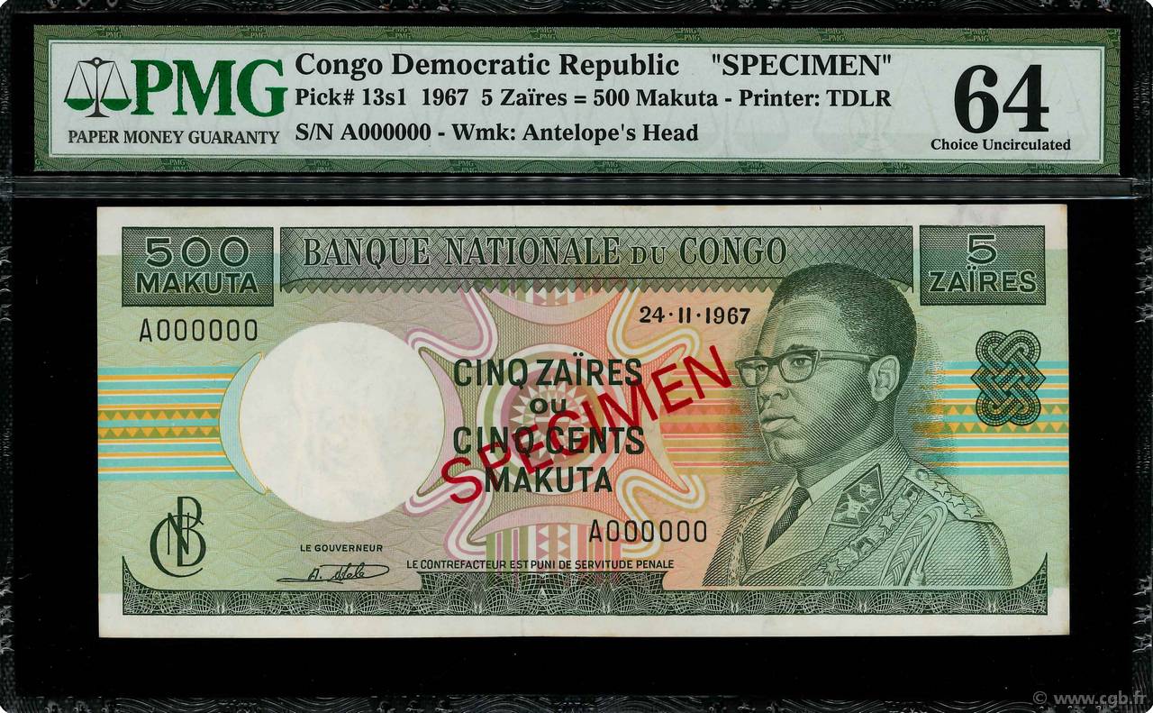 5 Zaïres - 500 Makuta Spécimen REPúBLICA DEMOCRáTICA DEL CONGO  1967 P.013s SC+