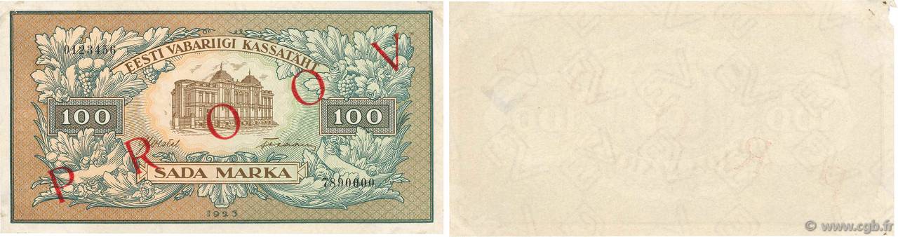 100 Marka Épreuve ESTLAND  1923 P.51s VZ+