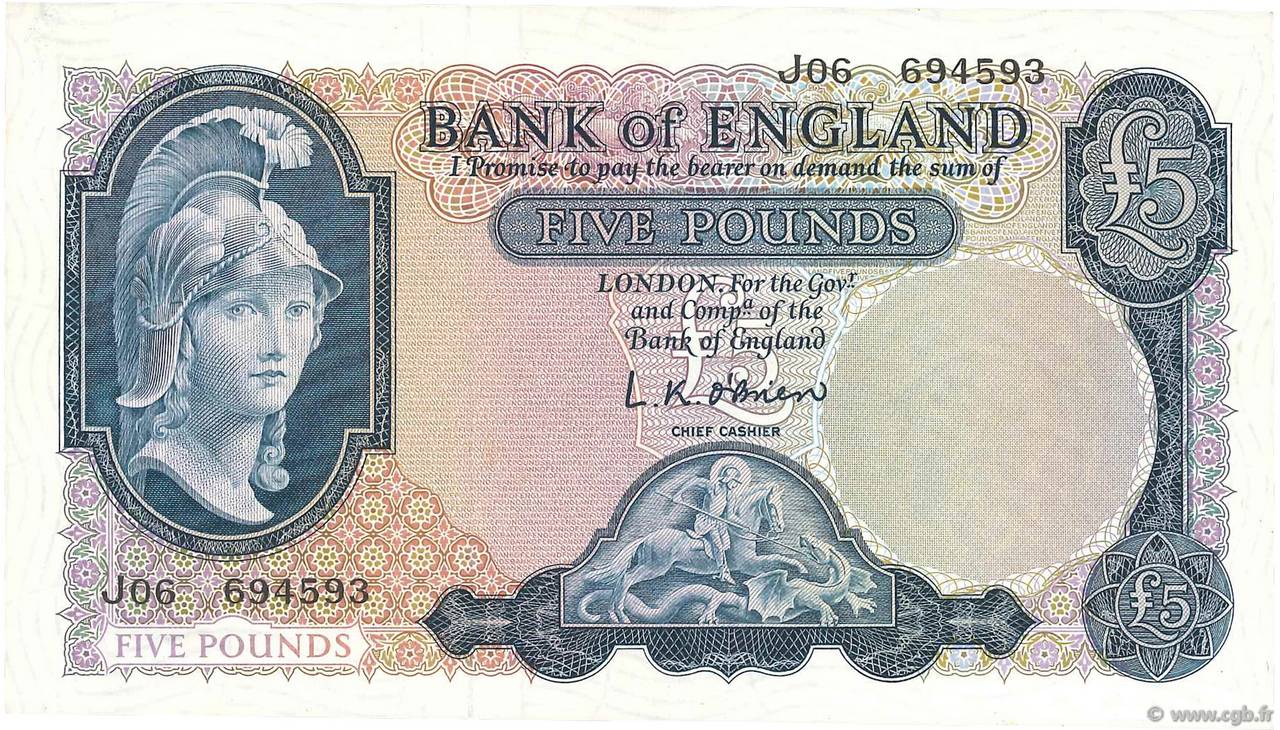 5 Pounds ENGLAND  1961 P.372a XF+
