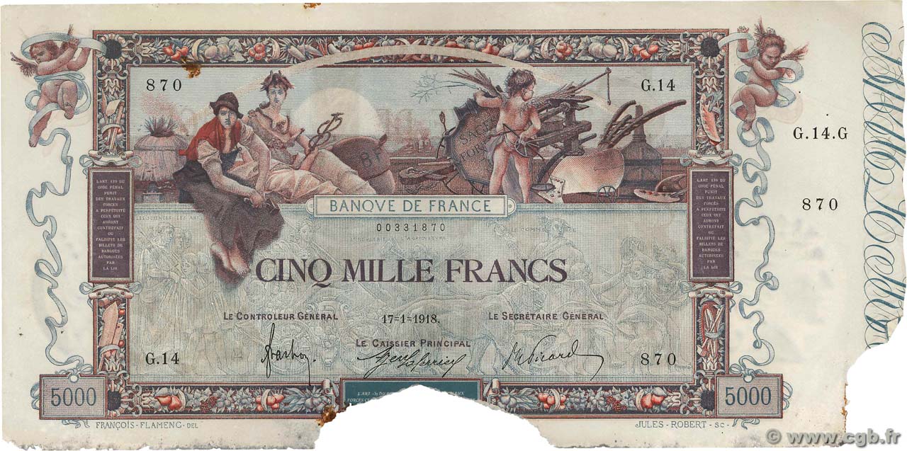 5000 Francs FLAMENG FRANCE  1918 F.43.01 VG