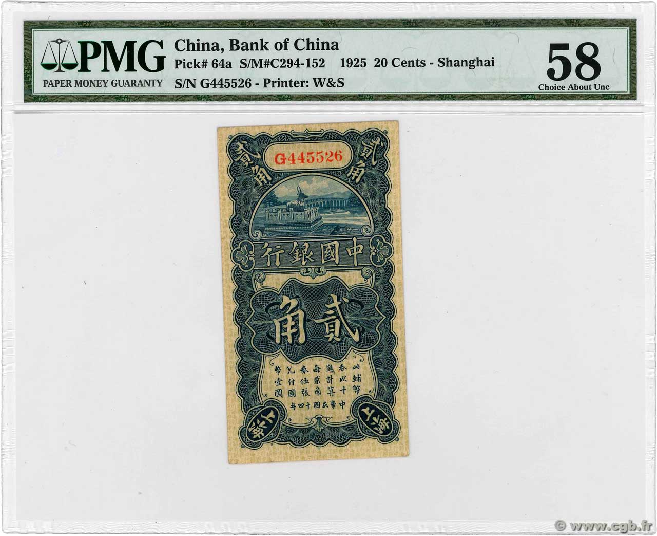 20 Cents CHINA  1925 P.0064a fST
