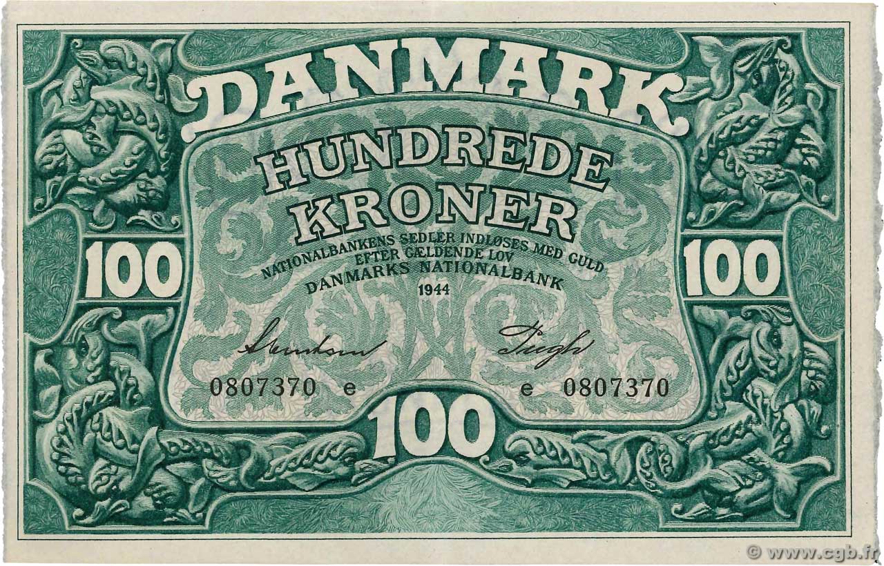100 Kroner DINAMARCA  1944 P.039a AU