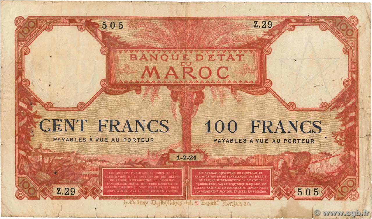 100 Francs MOROCCO  1921 P.14 VG
