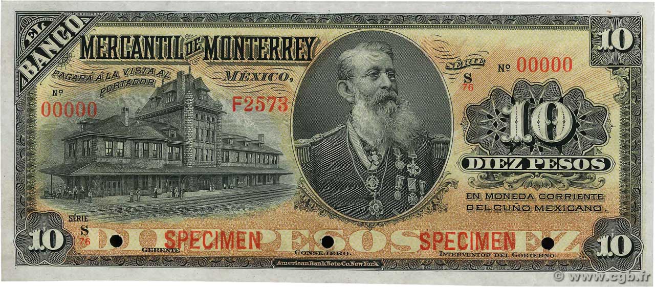 10 Pesos Spécimen MEXIQUE Monterrey 1906 PS.0353As pr.SPL