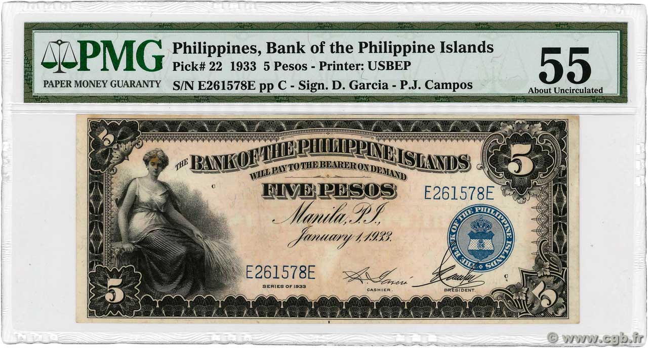 5 Pesos PHILIPPINES  1933 P.022 AU