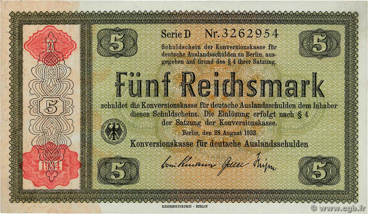 5 Reichsmark GERMANY  1934 P.207 XF+