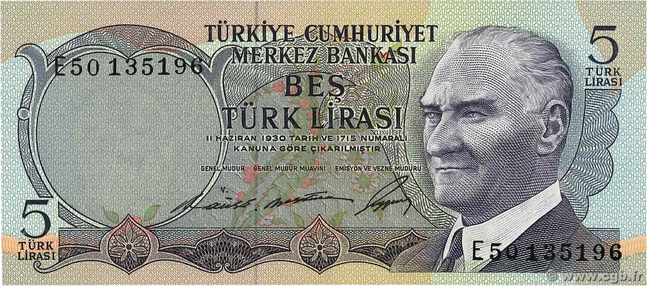 5 Lira TURKEY  1968 P.179 AU
