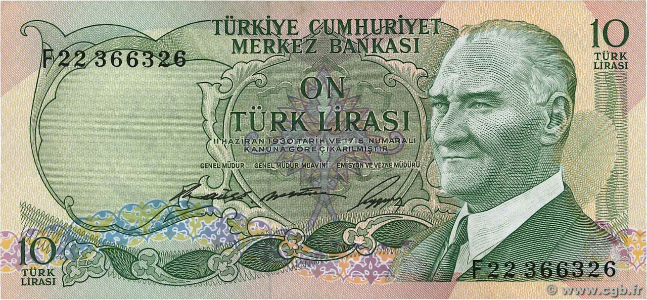 10 Lira TURKEY  1966 P.180 XF+