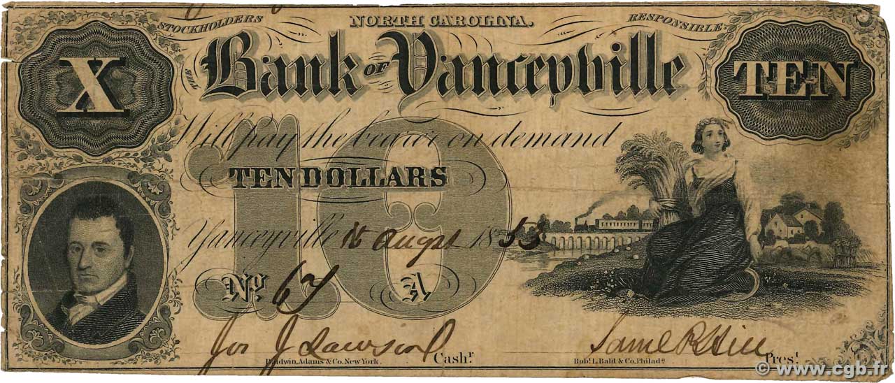 10 Dollars UNITED STATES OF AMERICA Yanceyville 1853  F