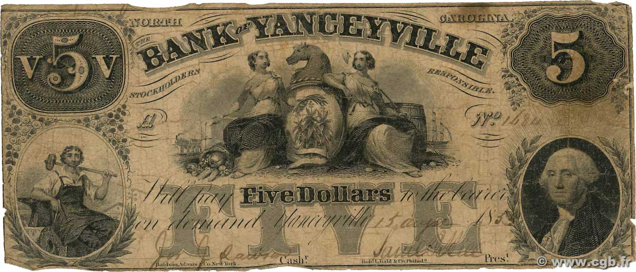 5 Dollars STATI UNITI D AMERICA Yanceyville 1853  B