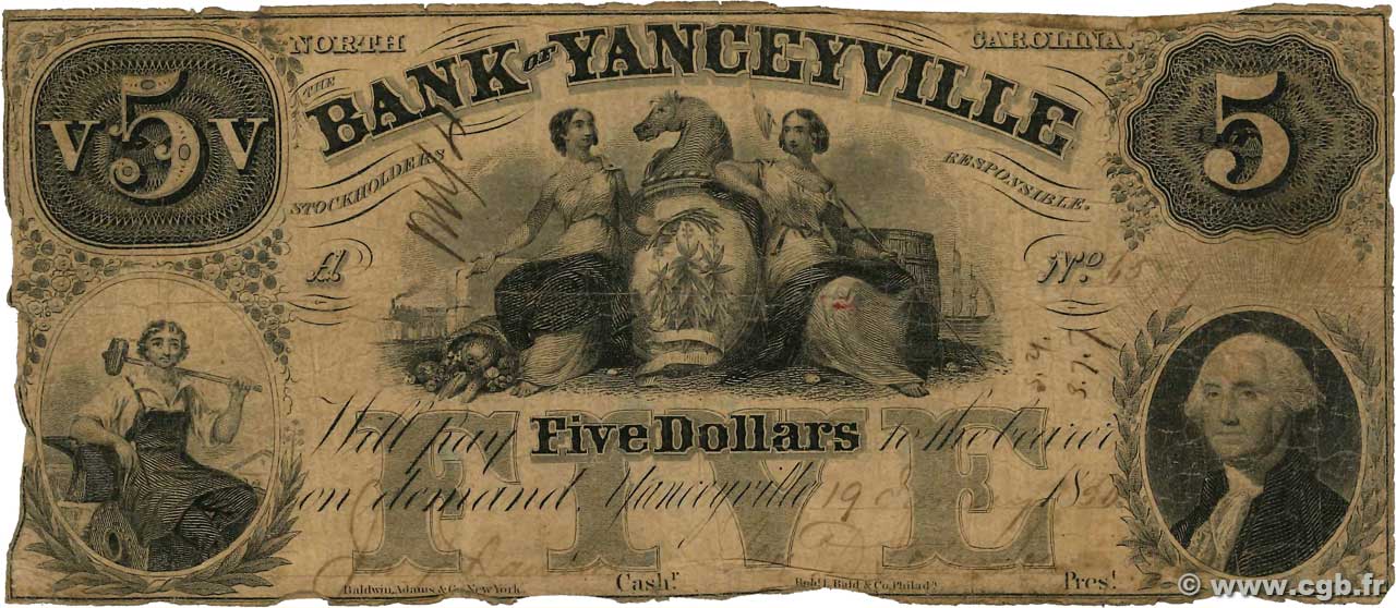 5 Dollars STATI UNITI D AMERICA Yanceyville 1856  q.MB