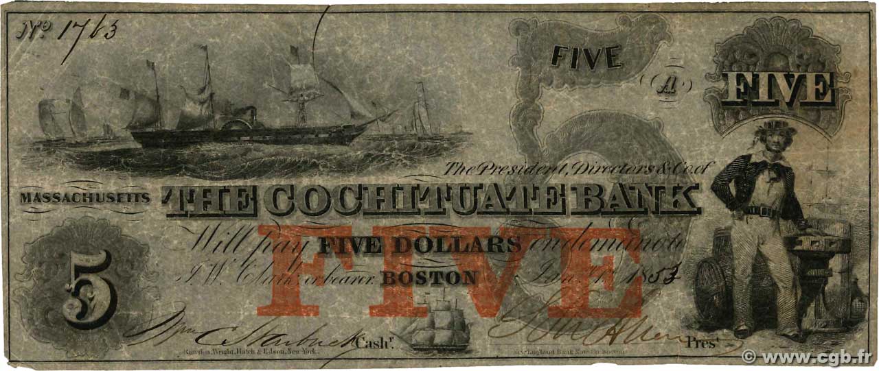 5 Dollars ÉTATS-UNIS D AMÉRIQUE Boston 1853  TB+