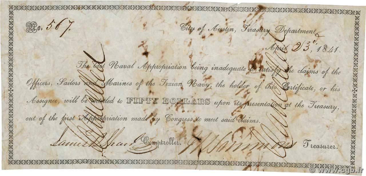 50 Dollars STATI UNITI D AMERICA Austin 1841  q.BB
