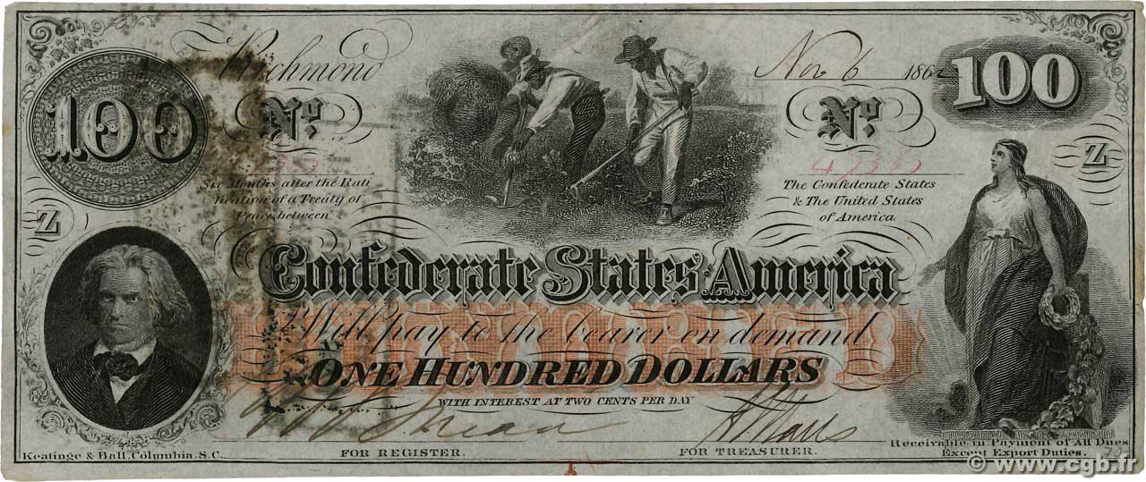 100 Dollars ÉTATS CONFÉDÉRÉS D AMÉRIQUE  1862 P.45 SUP