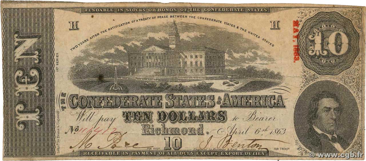 10 Dollars STATI CONFEDERATI D AMERICA  1863 P.60a BB