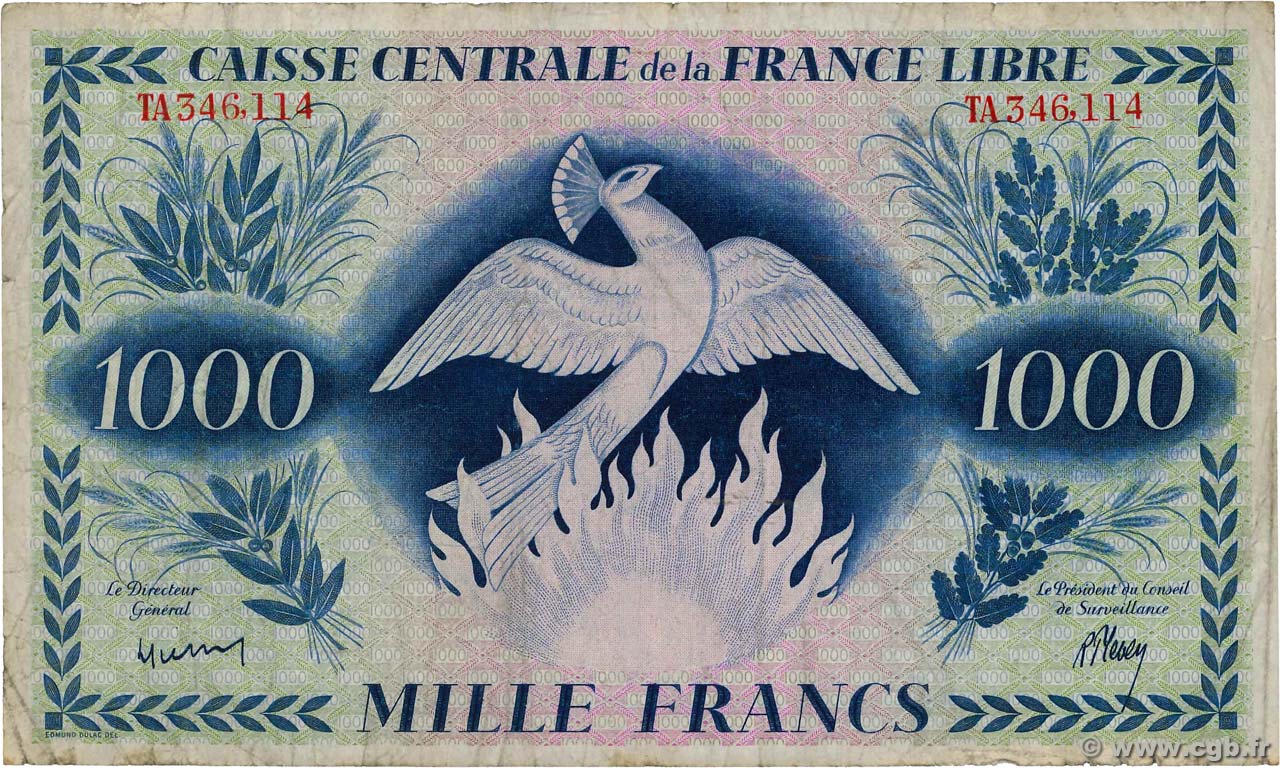 1000 Francs Phénix AFRIQUE ÉQUATORIALE FRANÇAISE Brazzaville 1941 P.14a BC