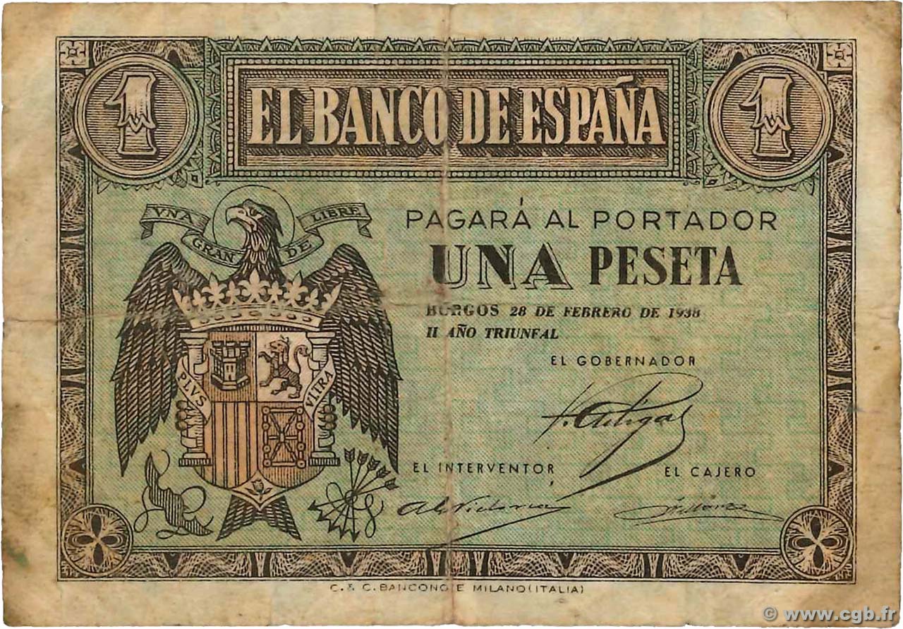 1 Peseta ESPAGNE  1938 P.107a TB