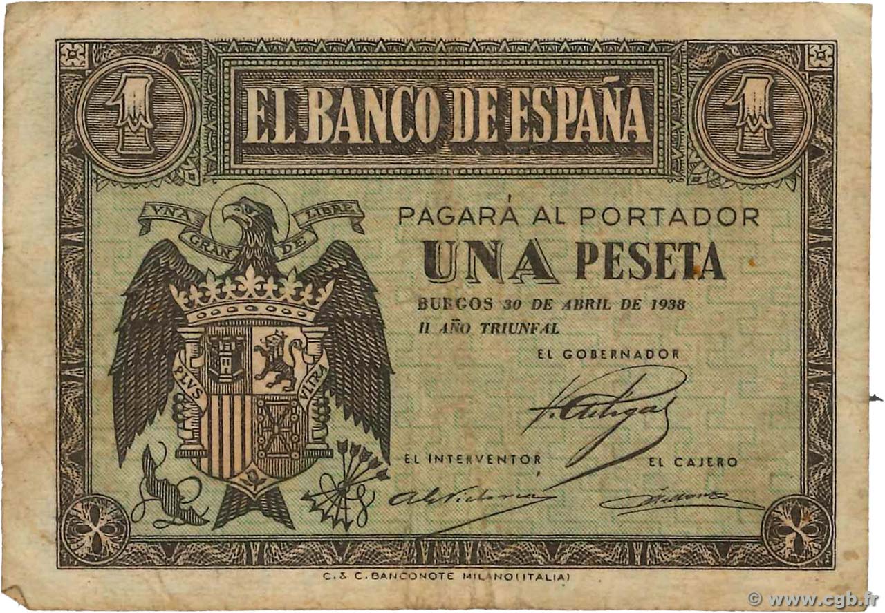1 Peseta ESPAGNE  1938 P.108a TB