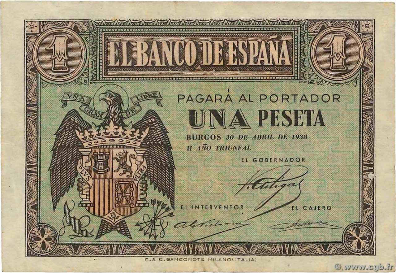1 Peseta SPANIEN  1938 P.108a SS