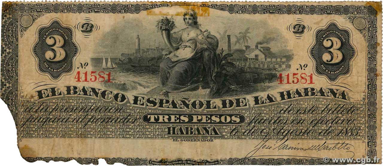 3 Pesos CUBA  1883 P.028f RC