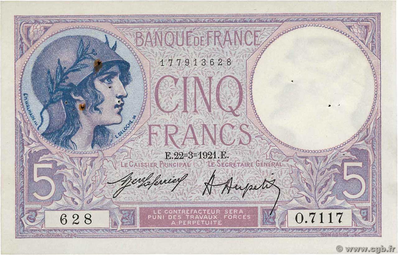 5 Francs FEMME CASQUÉE FRANCE  1921 F.03.05 VF