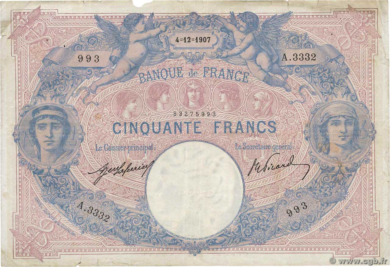 50 Francs BLEU ET ROSE FRANCE  1907 F.14.20 pr.TB