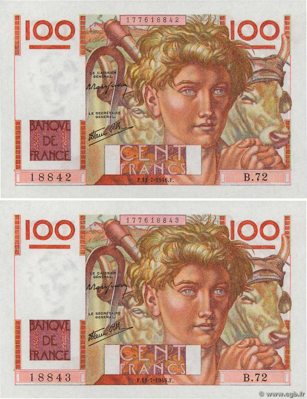 100 Francs JEUNE PAYSAN Consécutifs FRANCIA  1946 F.28.06 q.FDC