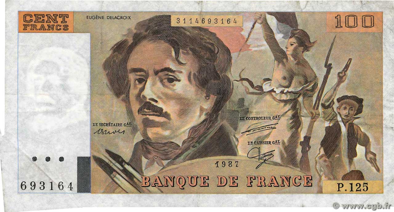 100 Francs DELACROIX modifié Fauté FRANCIA  1987 F.69.11 BC+