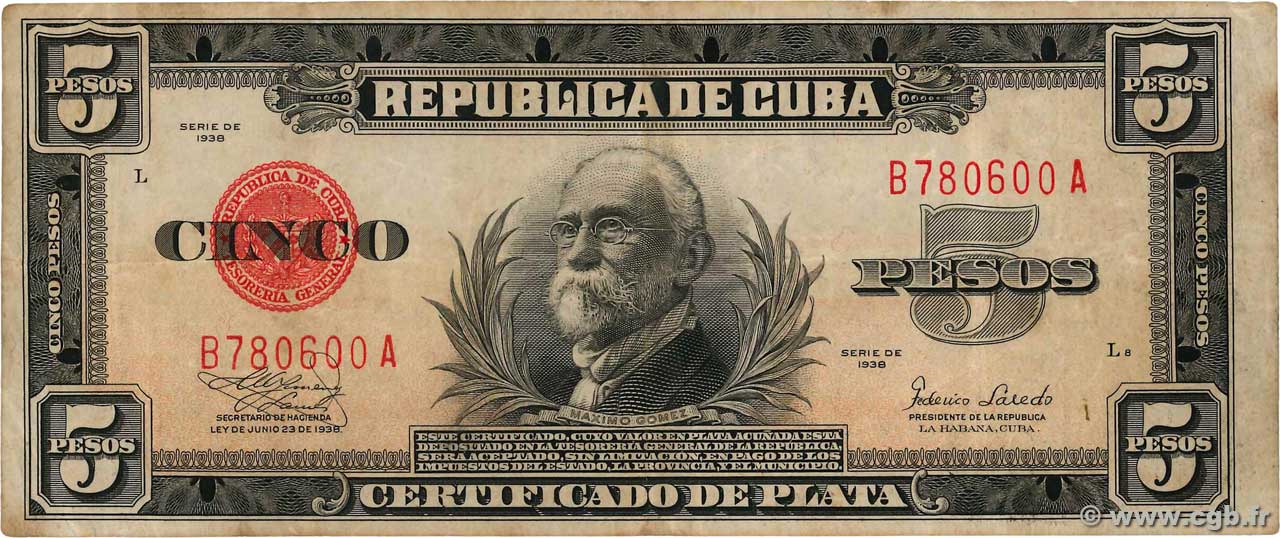 5 Pesos CUBA  1938 P.070d BB