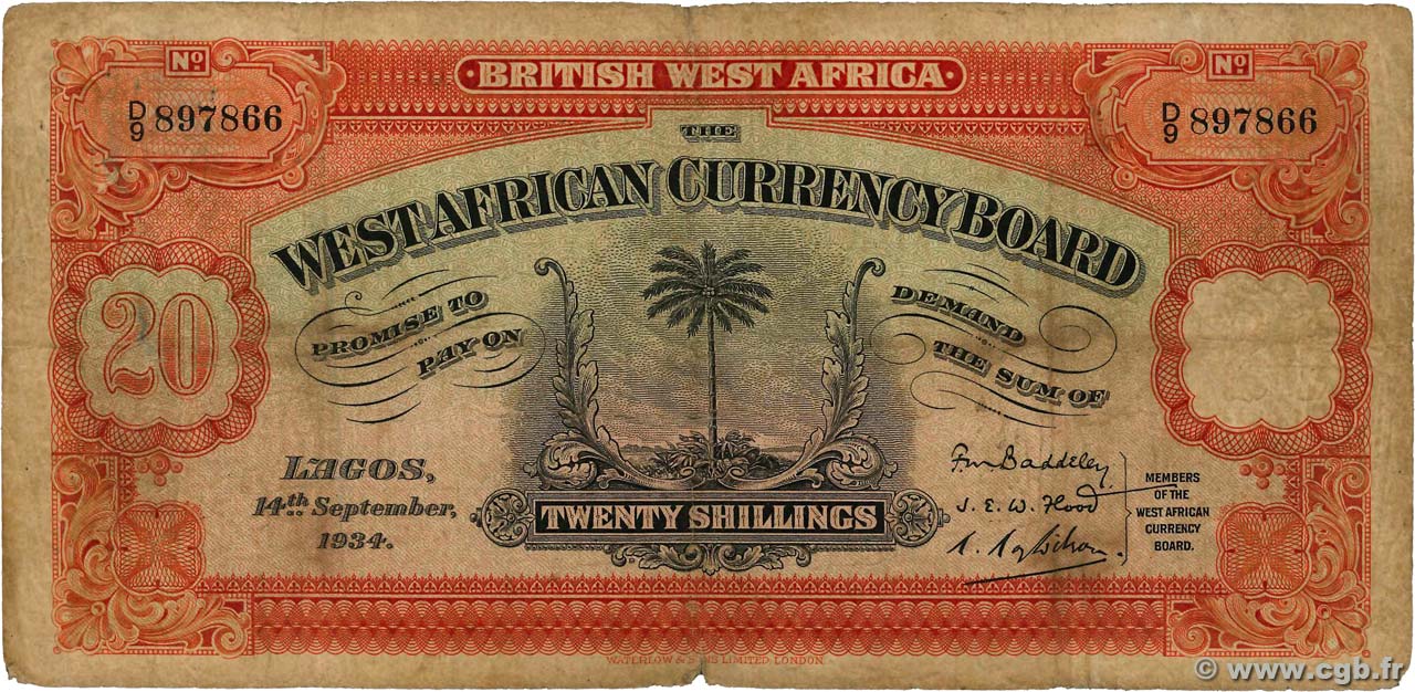 20 Shillings AFRICA DI L OVEST BRITANNICA  1934 P.08a B
