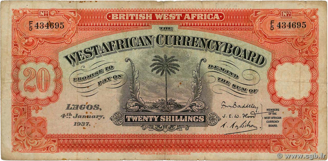 20 Shillings AFRIQUE OCCIDENTALE BRITANNIQUE  1937 P.08b TB