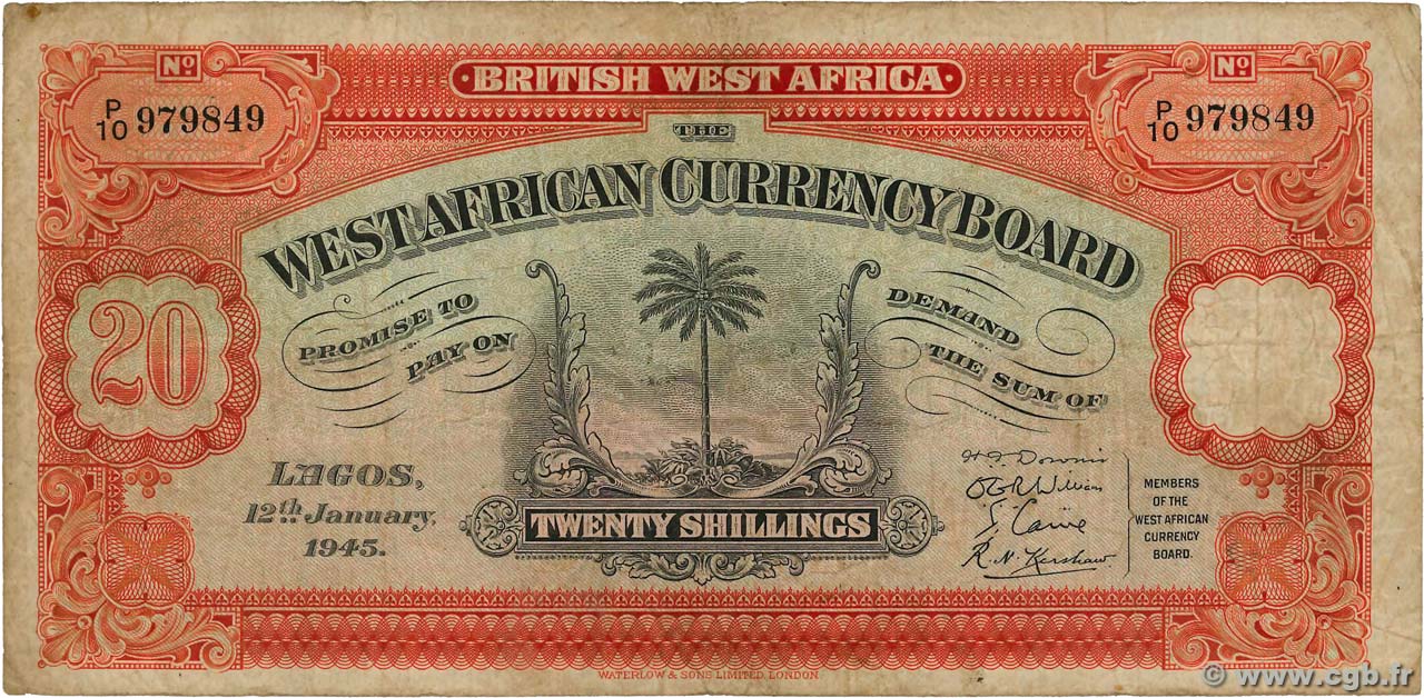 20 Shillings AFRIQUE OCCIDENTALE BRITANNIQUE  1945 P.08b pr.TB