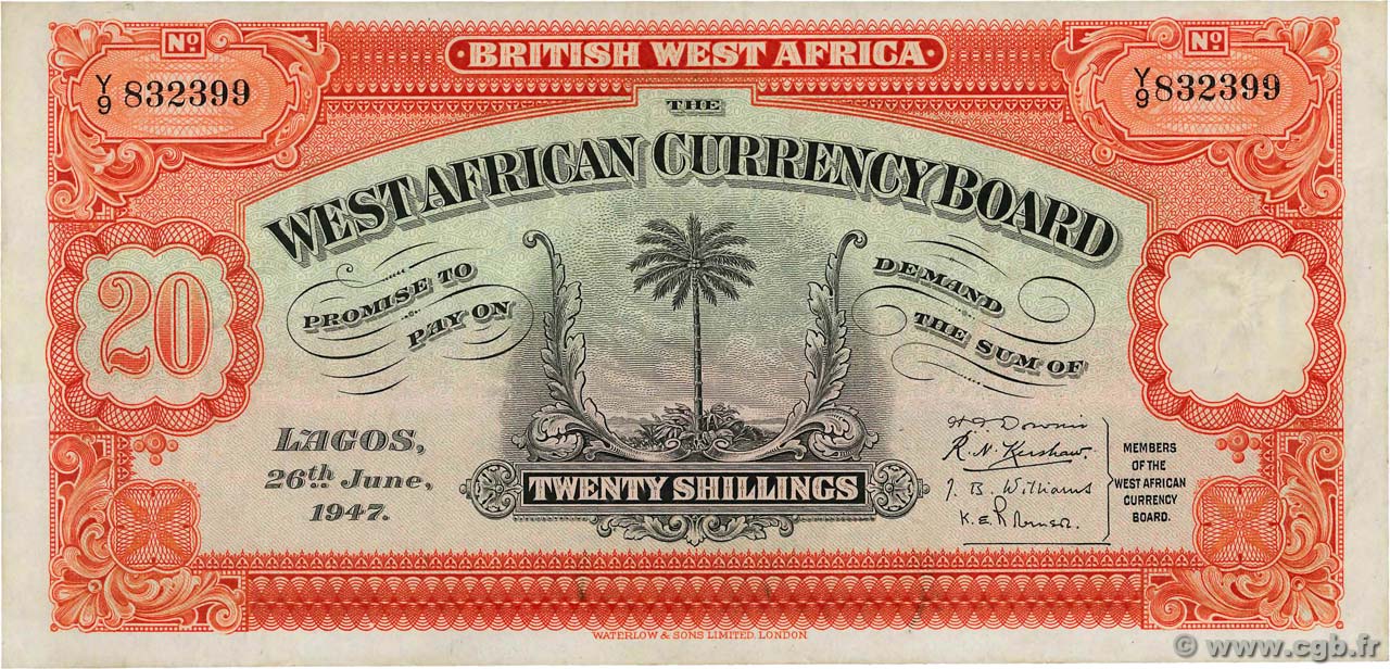 20 Shillings AFRICA DI L OVEST BRITANNICA  1947 P.08b SPL