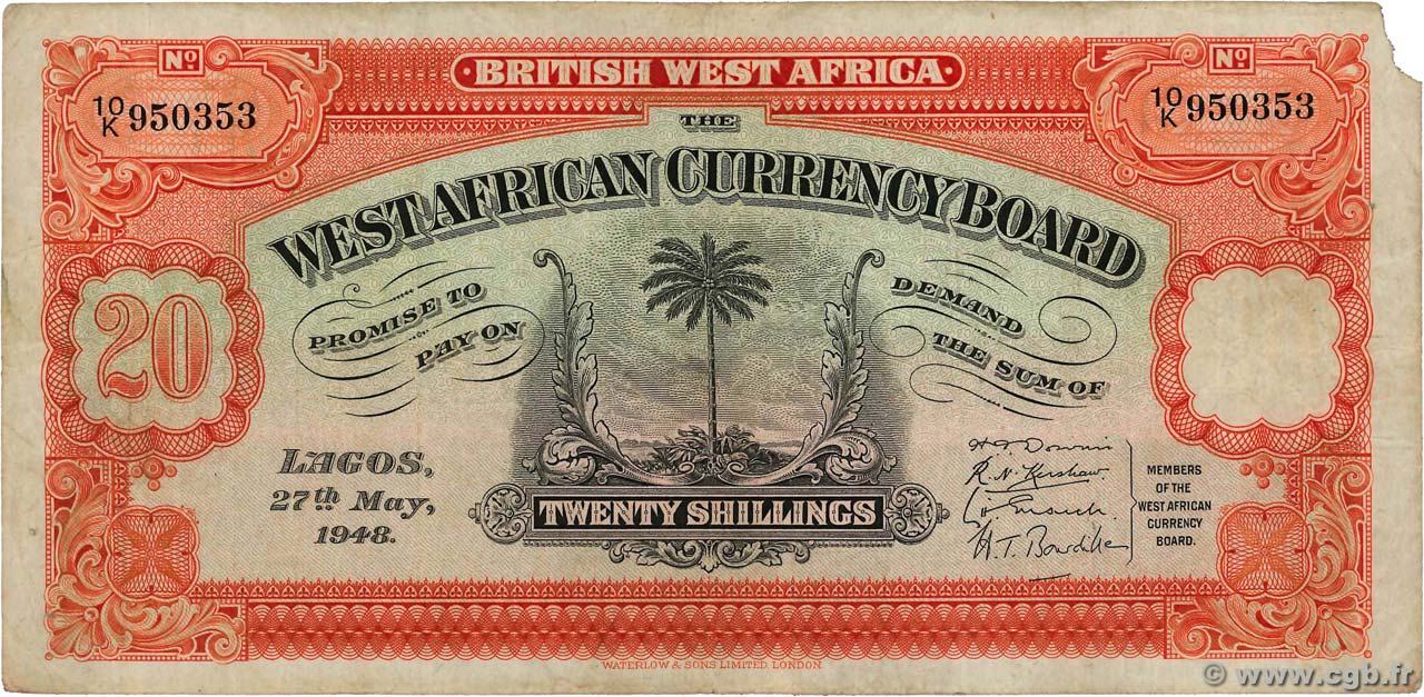 20 Shillings AFRICA DI L OVEST BRITANNICA  1948 P.08b B