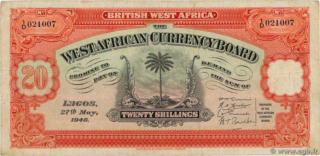 20 Shillings AFRICA DI L OVEST BRITANNICA  1948 P.08b MB