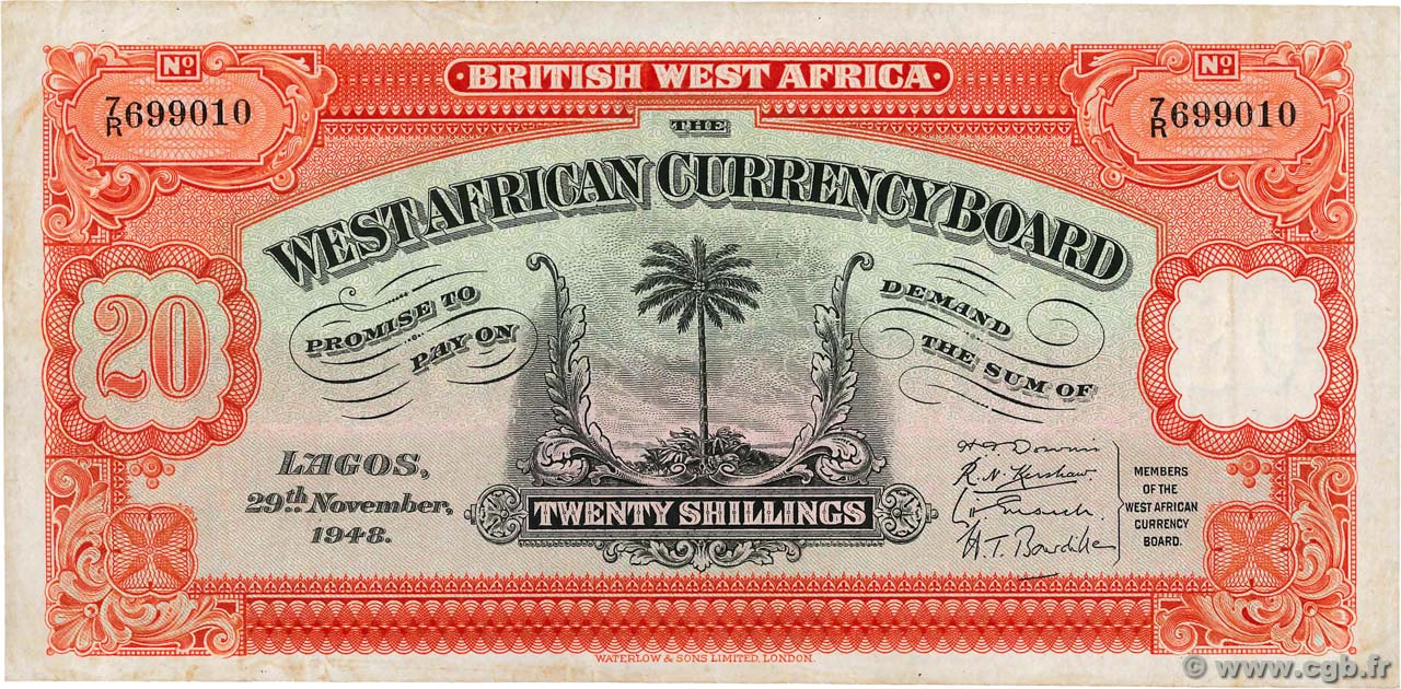 20 Shillings AFRICA DI L OVEST BRITANNICA  1948 P.08b BB