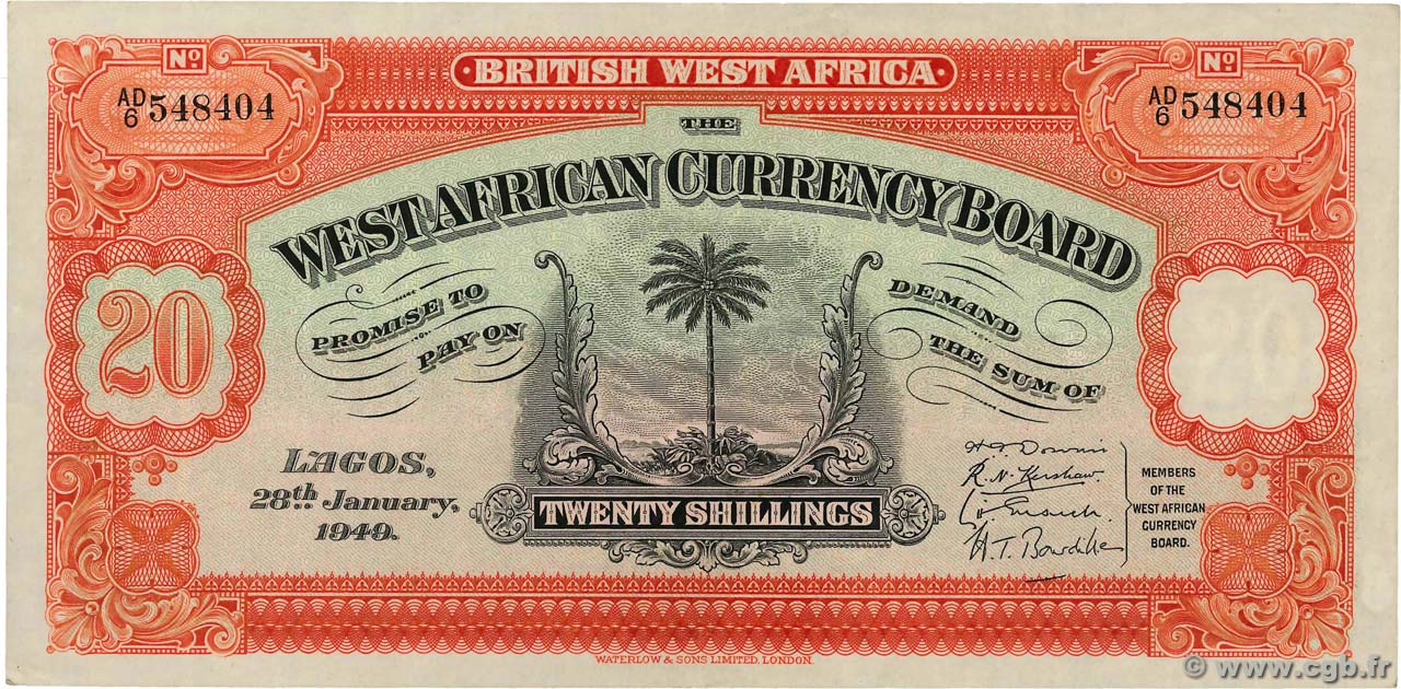 20 Shillings AFRICA DI L OVEST BRITANNICA  1949 P.08b q.SPL