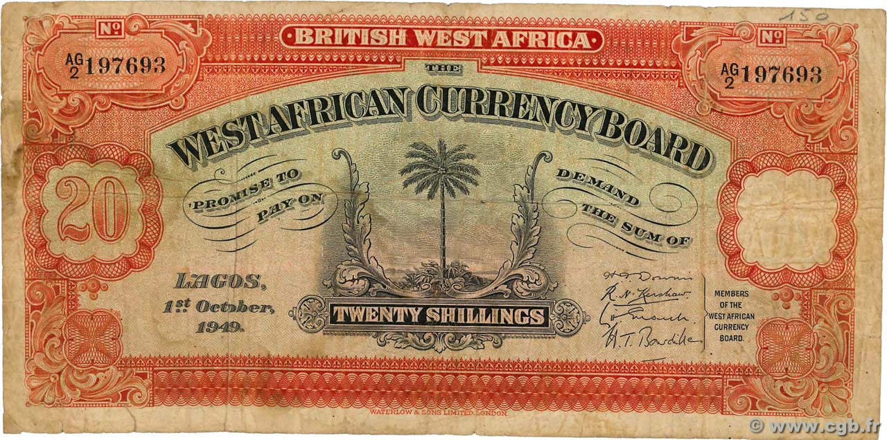 20 Shillings AFRICA DI L OVEST BRITANNICA  1949 P.08b q.MB