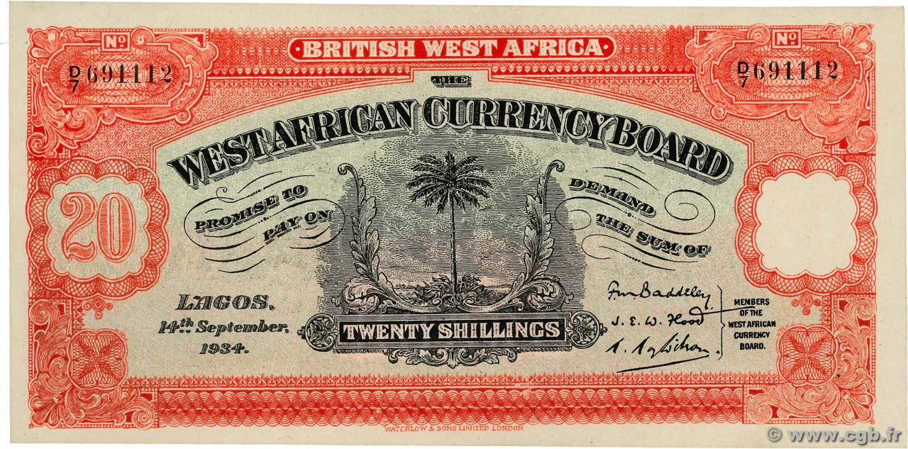 20 Shillings Faux AFRICA DI L OVEST BRITANNICA  1934 P.08ax q.FDC