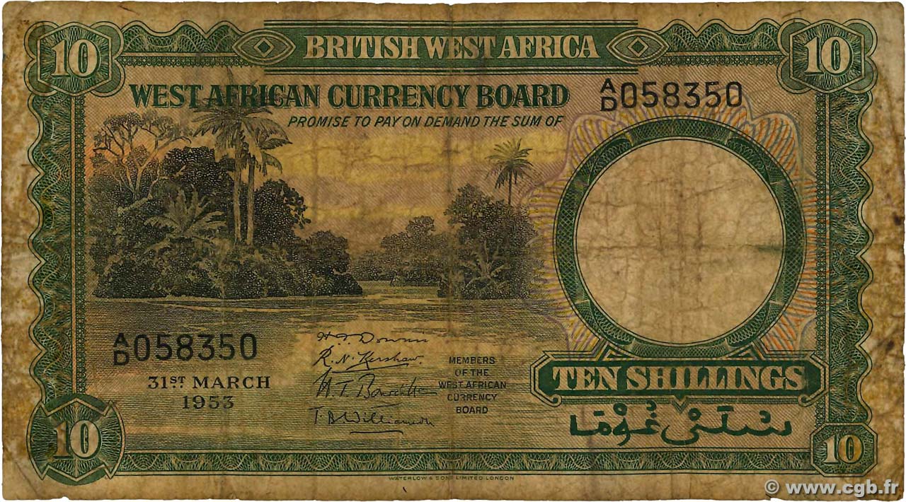 10 Shillings AFRICA DI L OVEST BRITANNICA  1953 P.09a q.B
