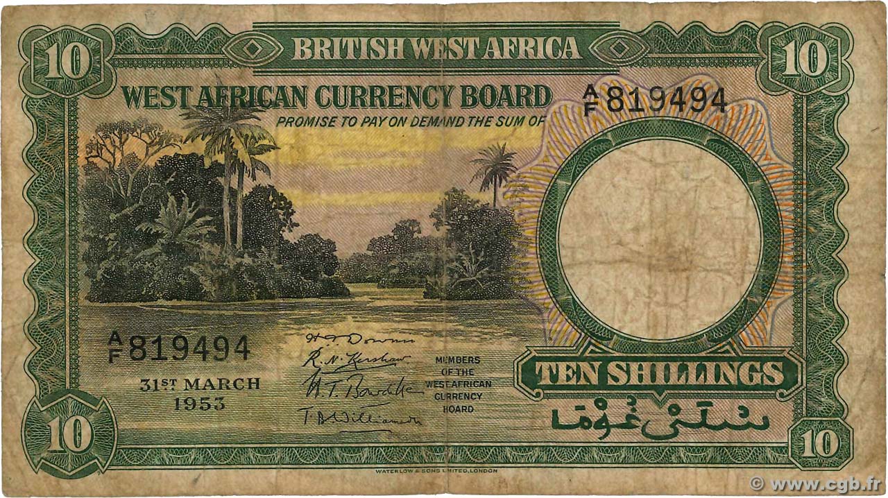 10 Shillings BRITISCH-WESTAFRIKA  1953 P.09a fS