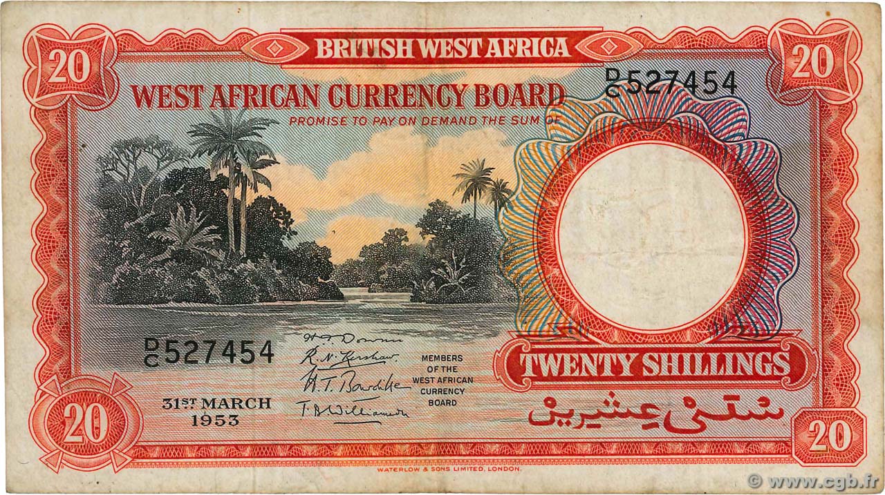 20 Shillings AFRICA DI L OVEST BRITANNICA  1953 P.10a q.BB