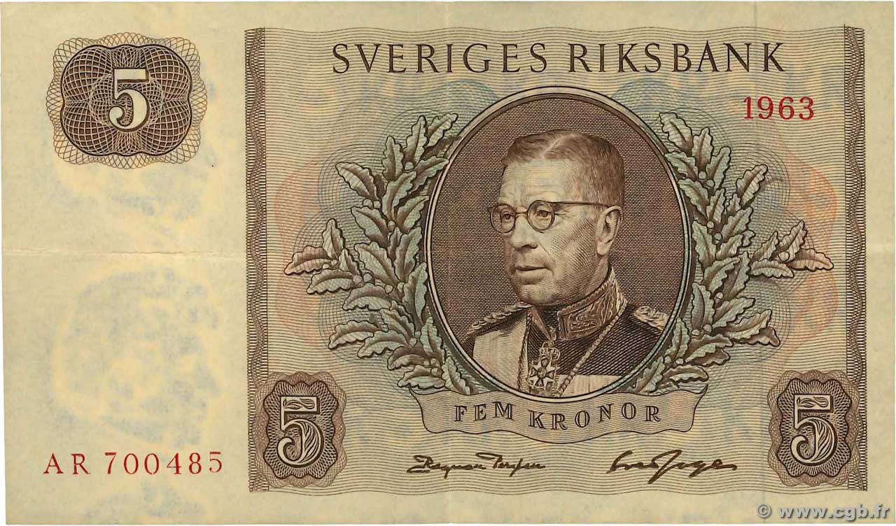 5 Kronor SWEDEN  1963 P.50b XF-